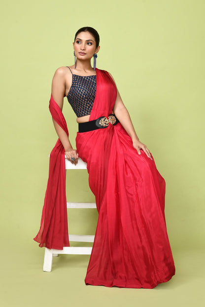 Designer Wear Red Chinon Chiffon Drape Saree - Simaaya
