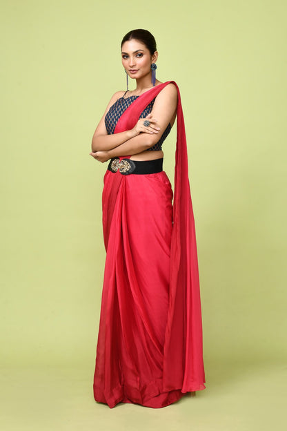 Designer Wear Red Chinon Chiffon Drape Saree - Simaaya