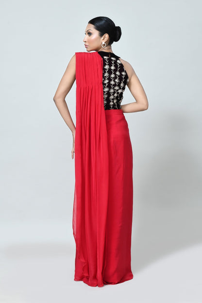 Designer Wear Red Organza Drape Saree - Simaaya