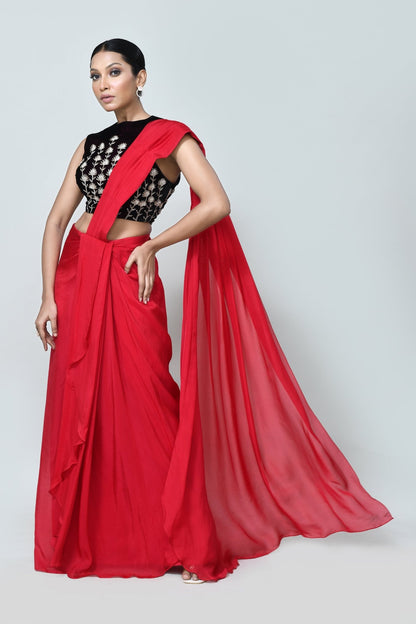 Designer Wear Red Organza Drape Saree - Simaaya