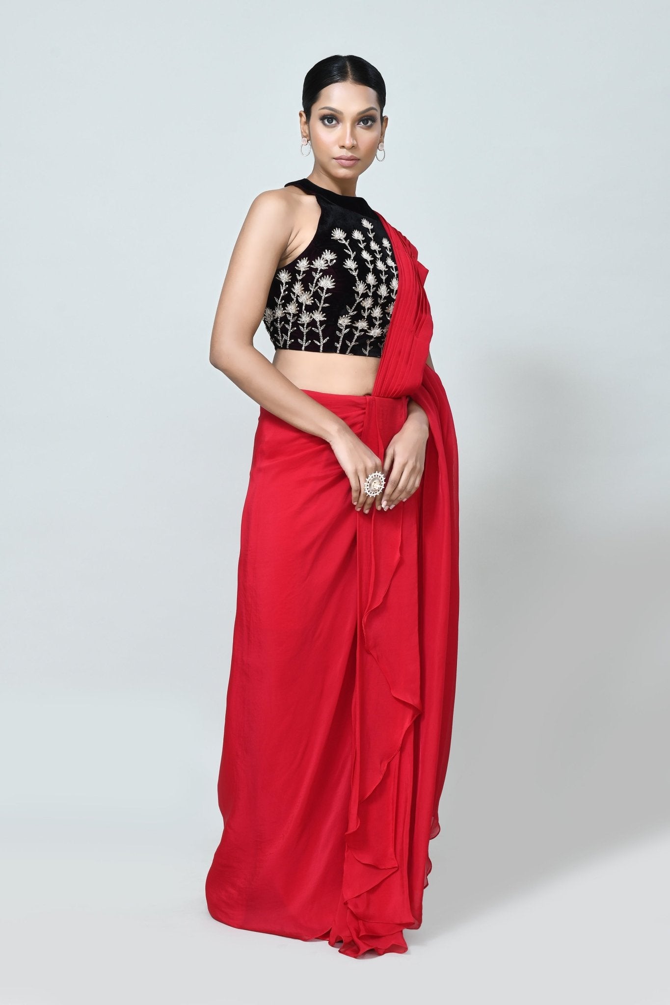 Designer Wear Red Organza Drape Saree - Simaaya