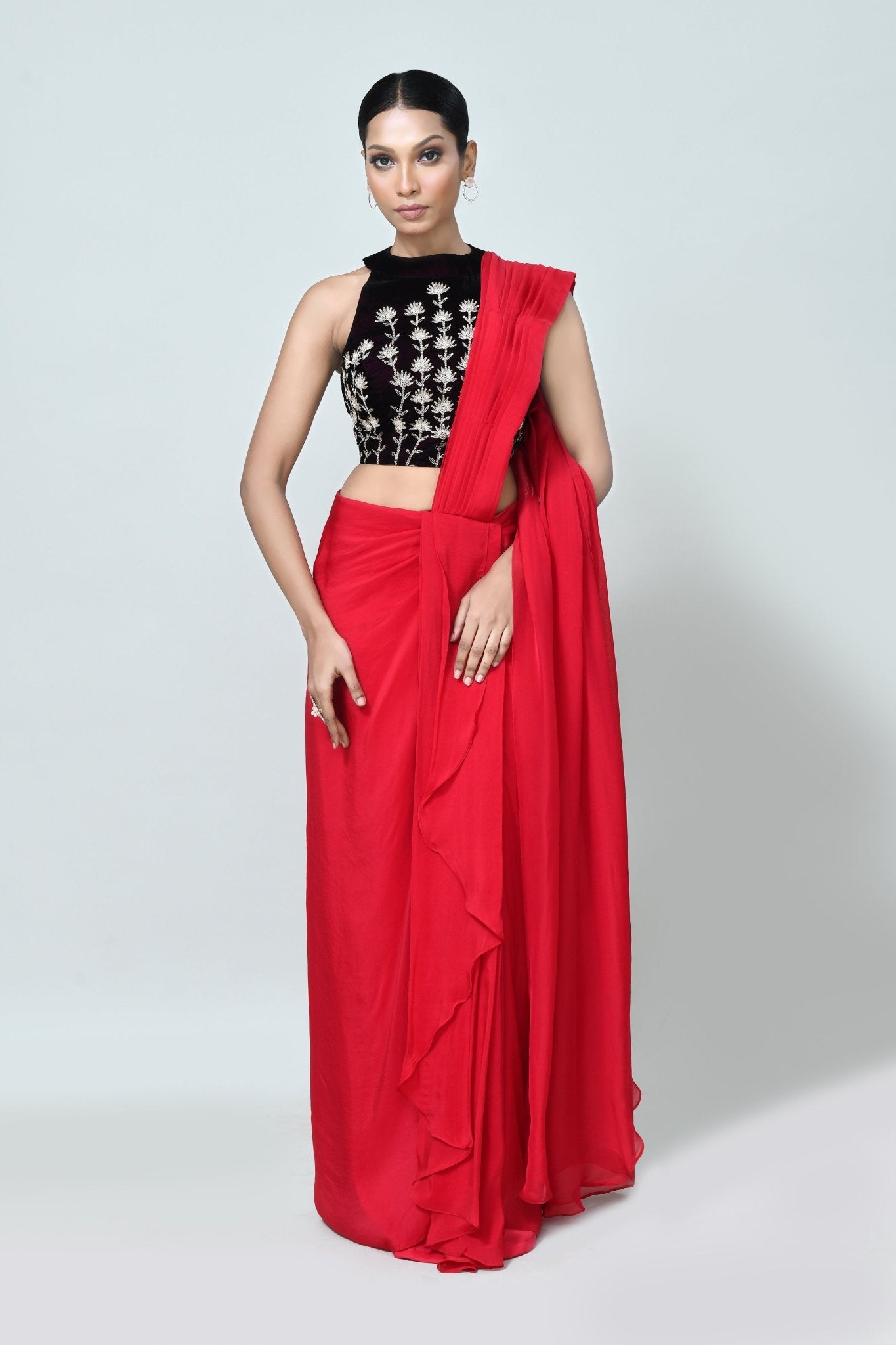 Designer Wear Red Organza Drape Saree - Simaaya