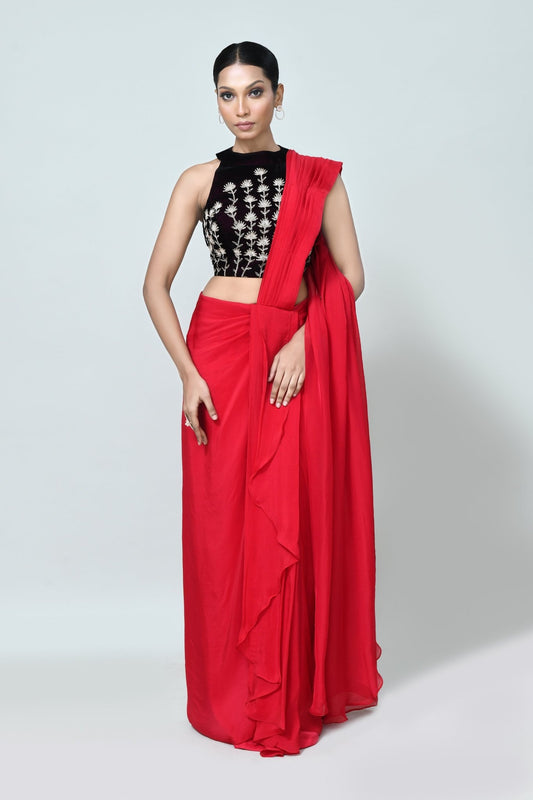 Designer Wear Red Organza Drape Saree - Simaaya