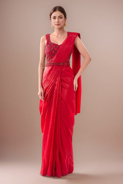 Designer Wear Red Tissue Drape Saree - Simaaya