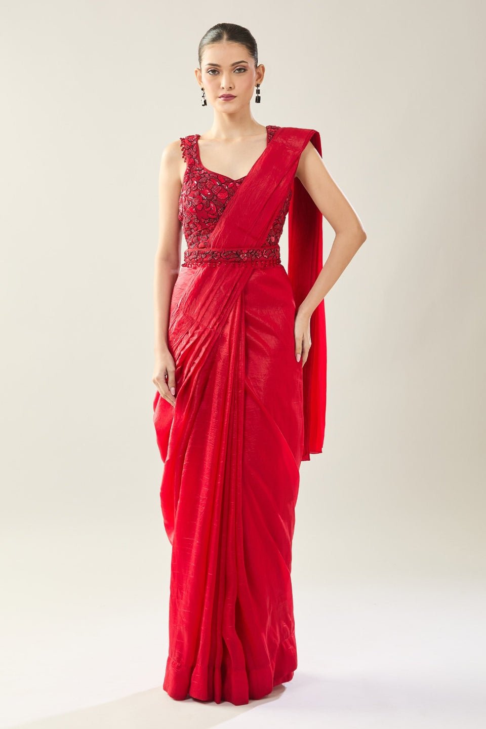 Designer Wear Red Tissue Drape Saree - Simaaya