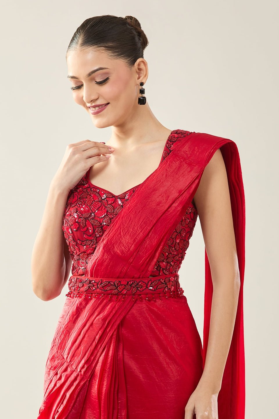 Designer Wear Red Tissue Drape Saree - Simaaya