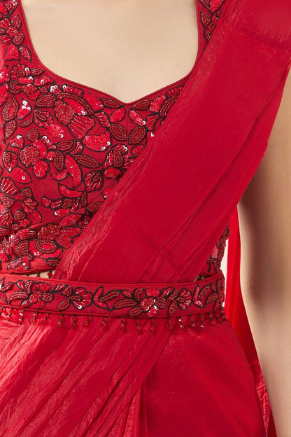 Designer Wear Red Tissue Drape Saree - Simaaya