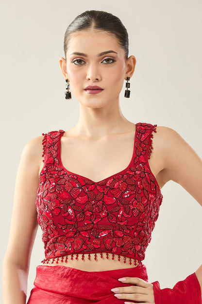 Designer Wear Red Tissue Drape Saree - Simaaya