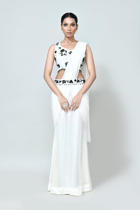 Designer Wear White Net Georgette Drape Saree - Simaaya