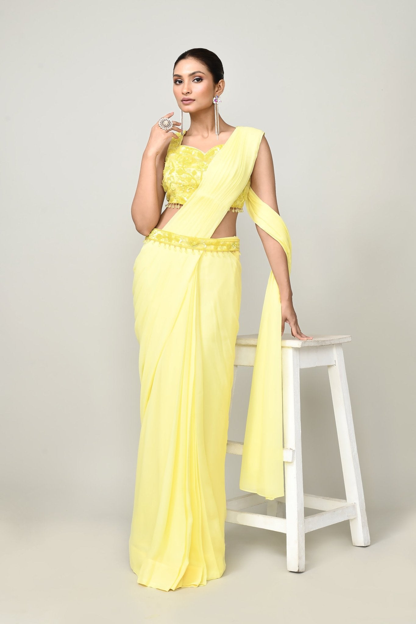 Designer Wear Yellow Chinon Chiffon Drape Saree - Simaaya