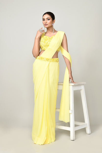 Designer Wear Yellow Chinon Chiffon Drape Saree - Simaaya