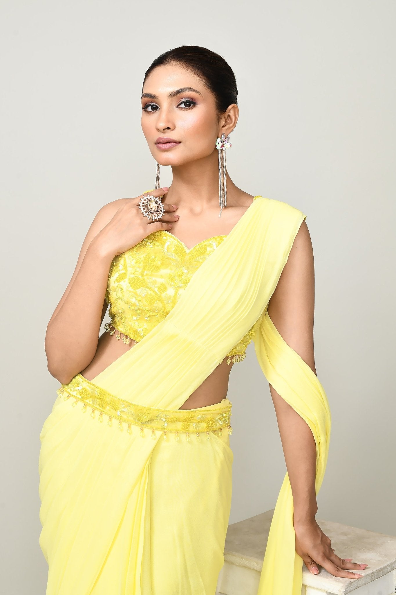 Designer Wear Yellow Chinon Chiffon Drape Saree - Simaaya