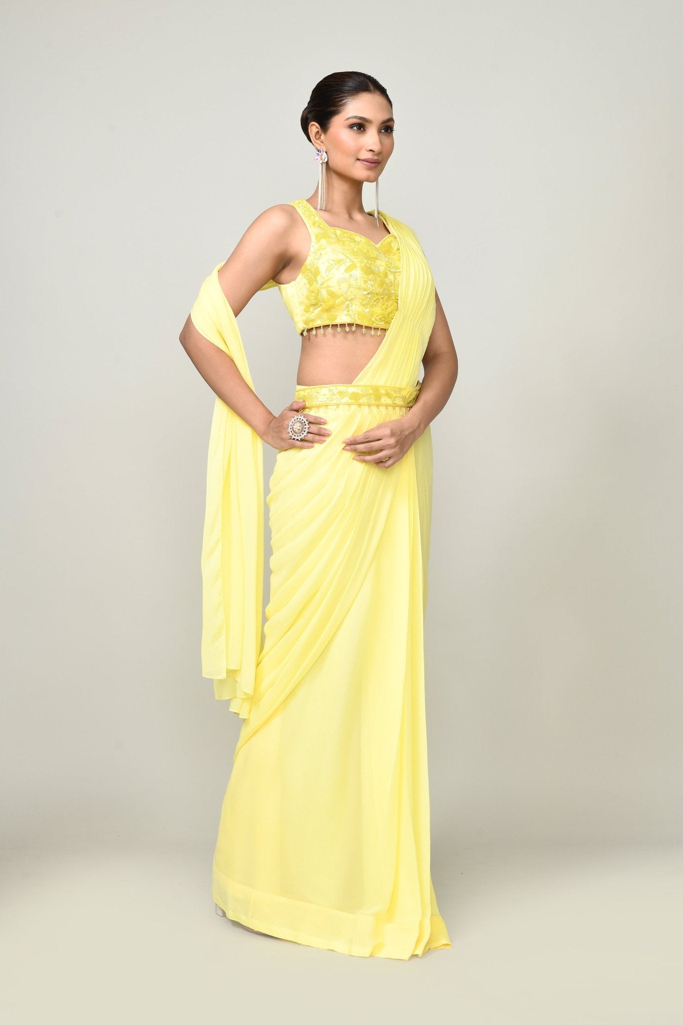 Designer Wear Yellow Chinon Chiffon Drape Saree - Simaaya