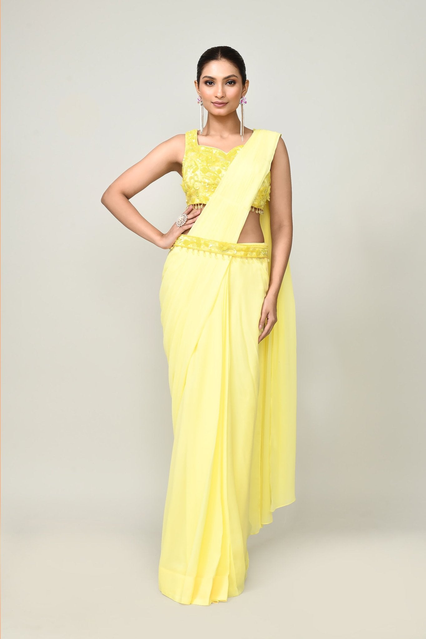 Designer Wear Yellow Chinon Chiffon Drape Saree - Simaaya