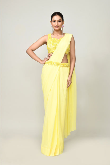 Designer Wear Yellow Chinon Chiffon Drape Saree - Simaaya