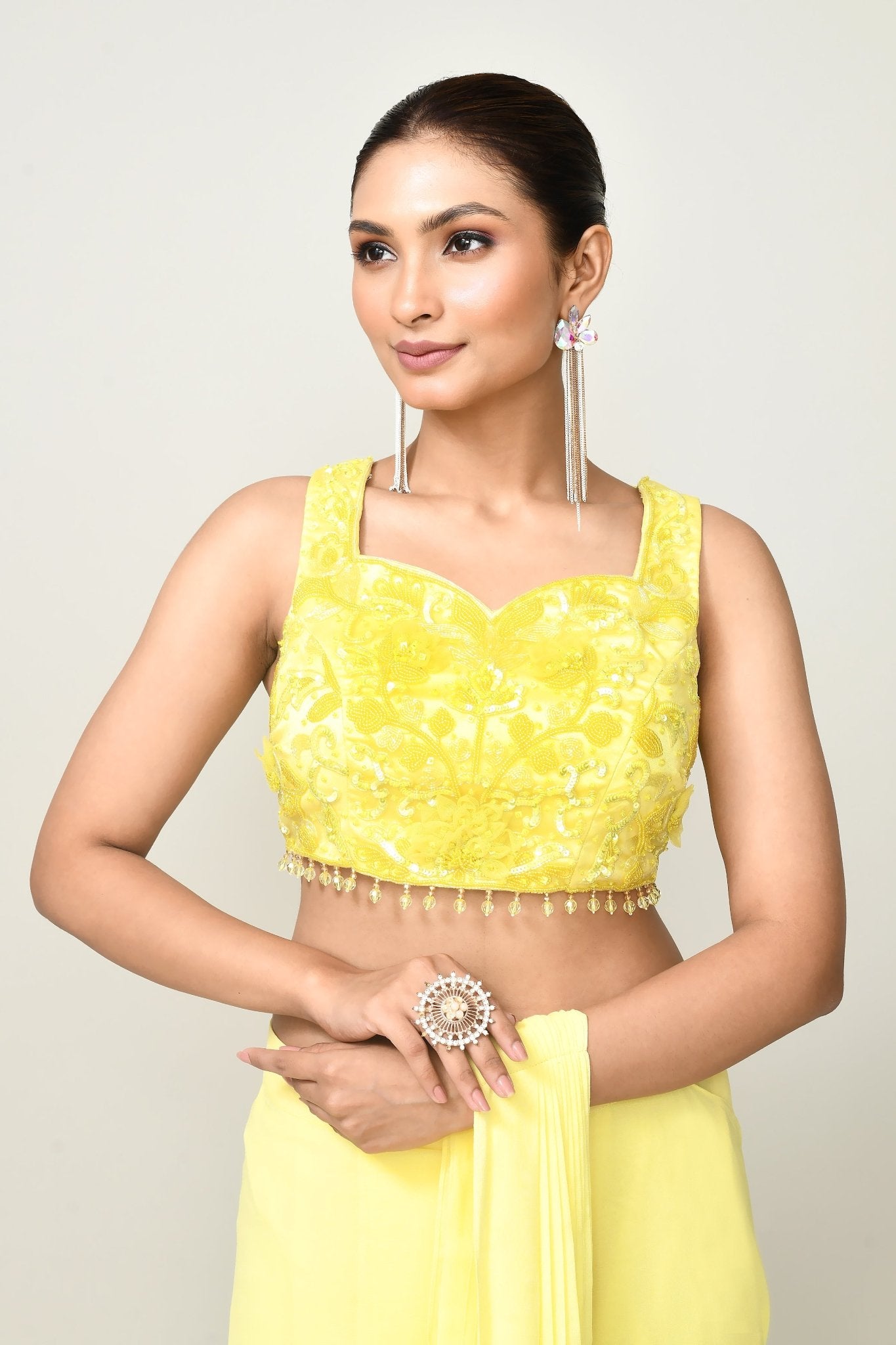 Designer Wear Yellow Chinon Chiffon Drape Saree - Simaaya