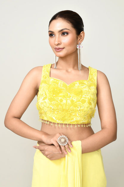 Designer Wear Yellow Chinon Chiffon Drape Saree - Simaaya