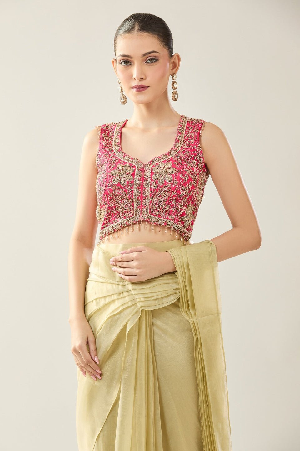 Designer Wear Yellow Tissue Drape Saree - Simaaya