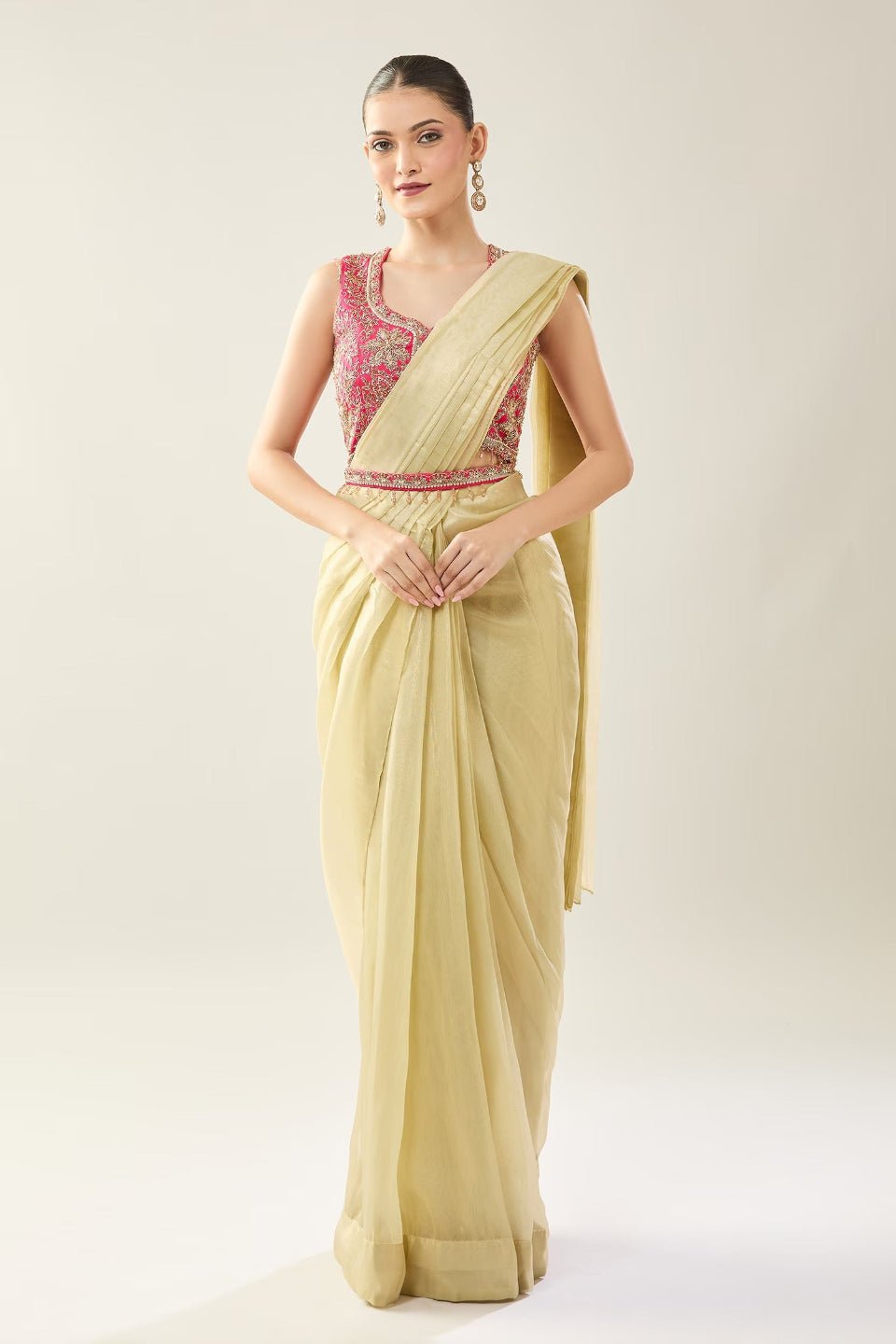 Designer Wear Yellow Tissue Drape Saree - Simaaya