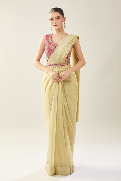 Designer Wear Yellow Tissue Drape Saree - Simaaya