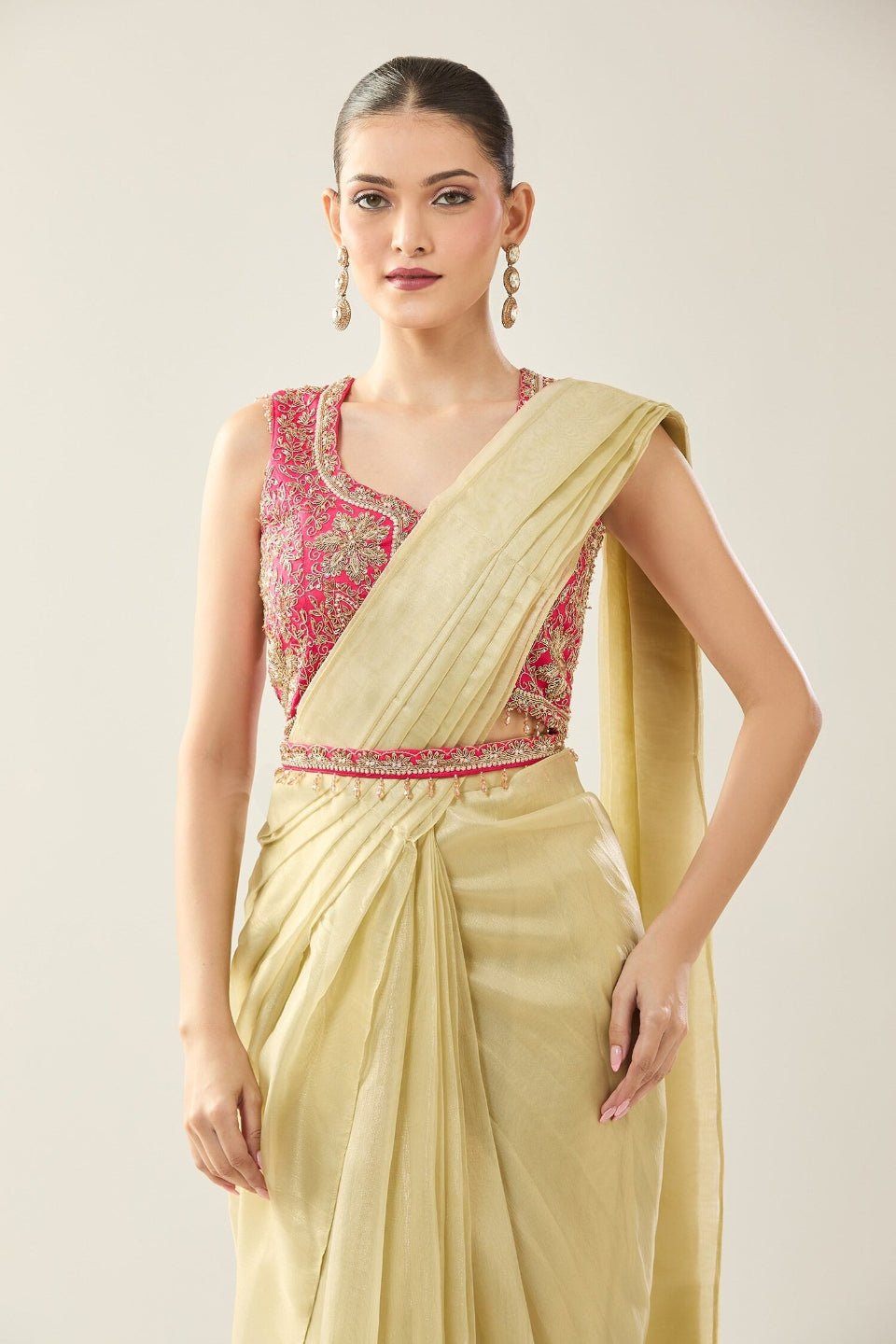 Designer Wear Yellow Tissue Drape Saree - Simaaya