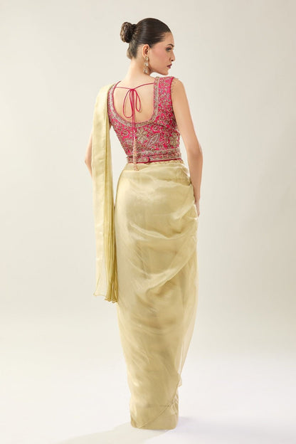 Designer Wear Yellow Tissue Drape Saree - Simaaya