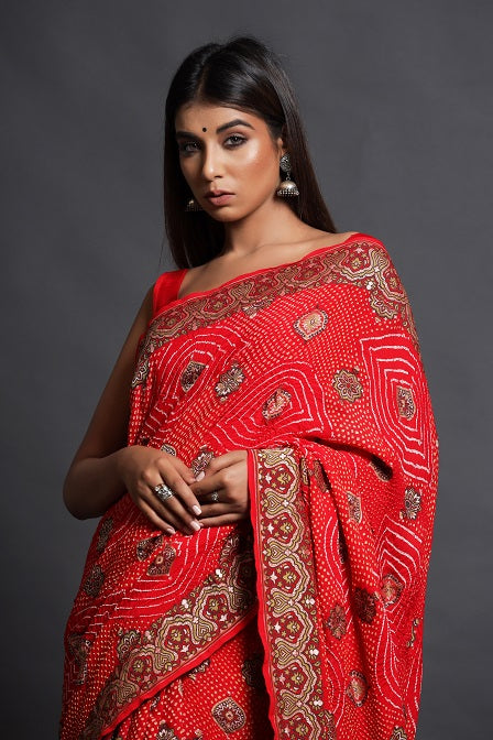 Festive/ Party/ Sangeet/ Wedding Bandhni Work Saree In Red Color