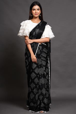 Festive/ Party/ Sangeet/ Wedding Bandhni Work Saree In Black Color