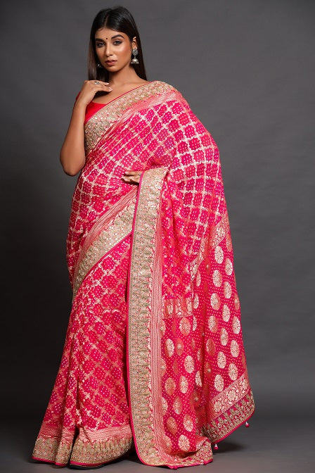 Festive/ Party/ Sangeet/ Wedding Bandhni Work Saree In Pink Color