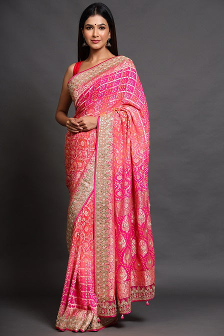Festive/ Party/ Sangeet/ Wedding Bandhni Work Saree In Pink Color