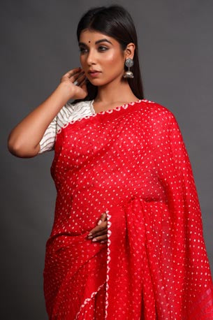 Festive/ Party/ Sangeet/ Wedding Bandhni Work Saree In Red Color