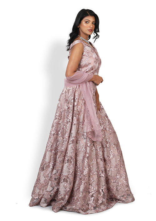 Onion pink layered frill frock with a ruffle flower at the waistline. –  Lagorii Kids