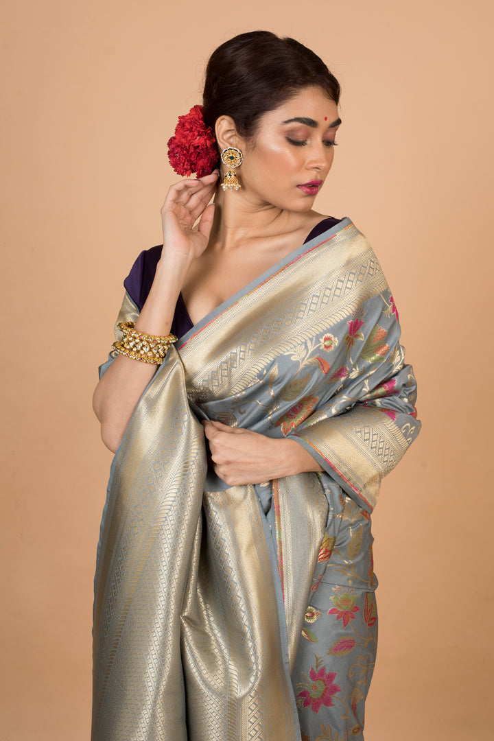 Buy Party Wear Designer Saree In Grey Color At Online Simaaya