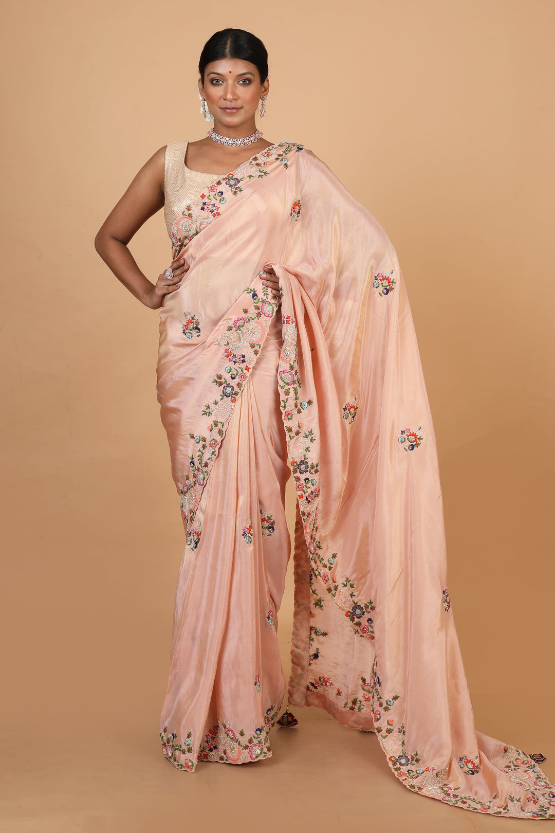 Buy Party Wear Designer Saree In Peach Color At Online Simaaya