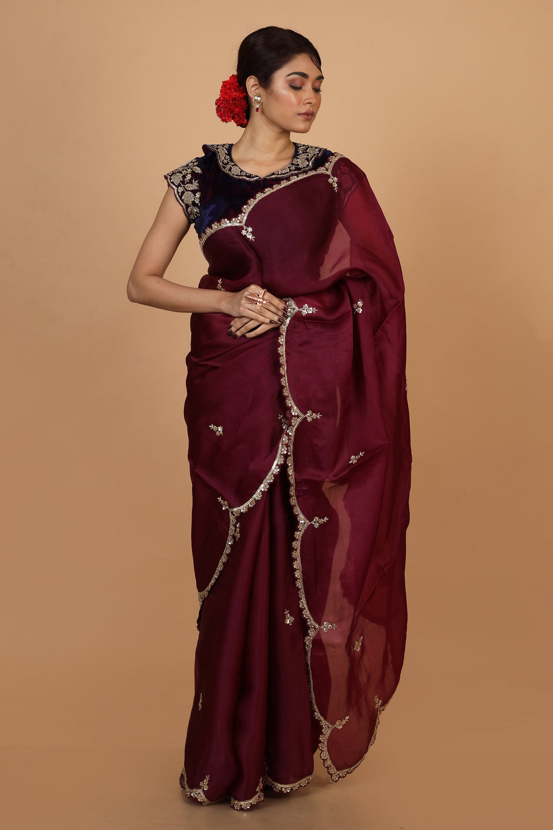 Buy Party Wear Designer Saree In Wine Color At Online Simaaya