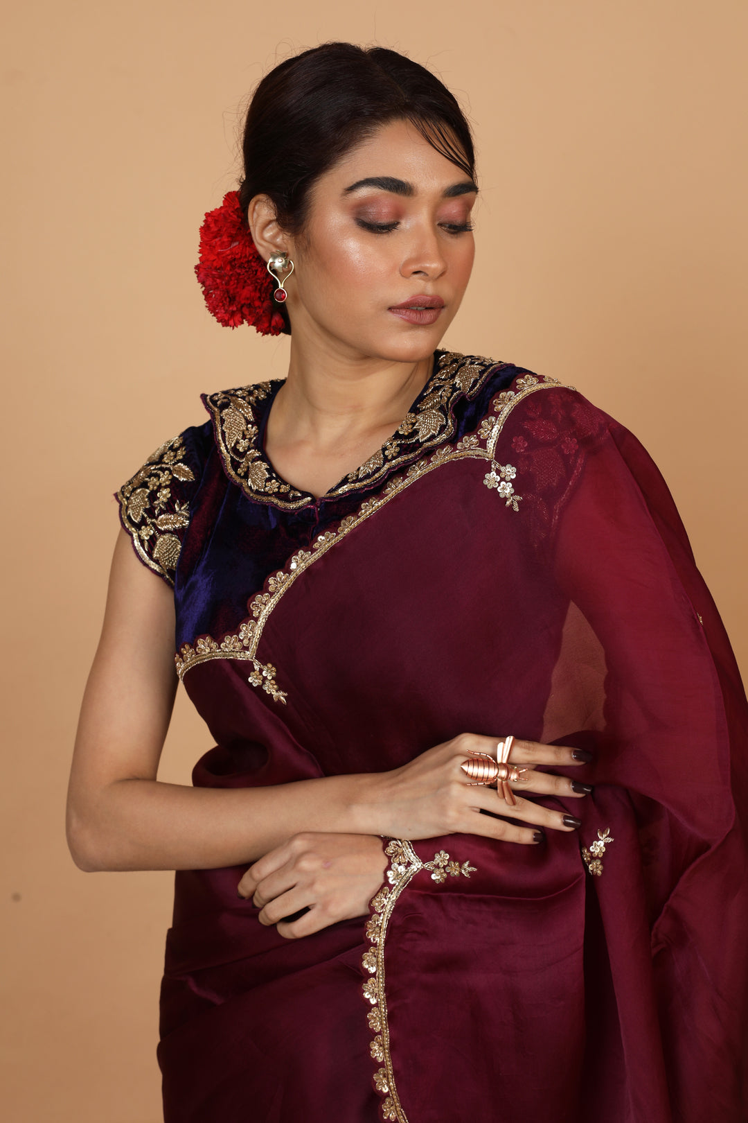 Buy Party Wear Designer Saree In Wine Color At Online Simaaya
