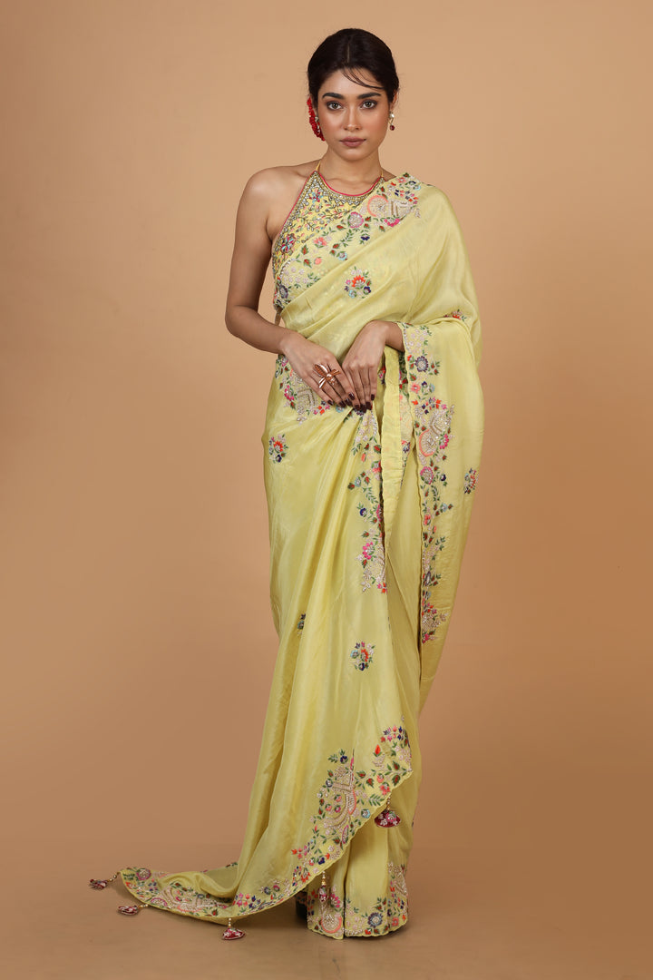 Buy Party Wear Designer Saree In Lemon Yellow Color At Online Simaaya