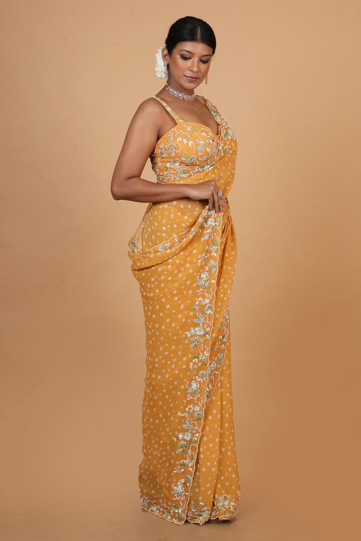 Buy Party Wear Designer Saree In Mustard Colour At Online Simaaya