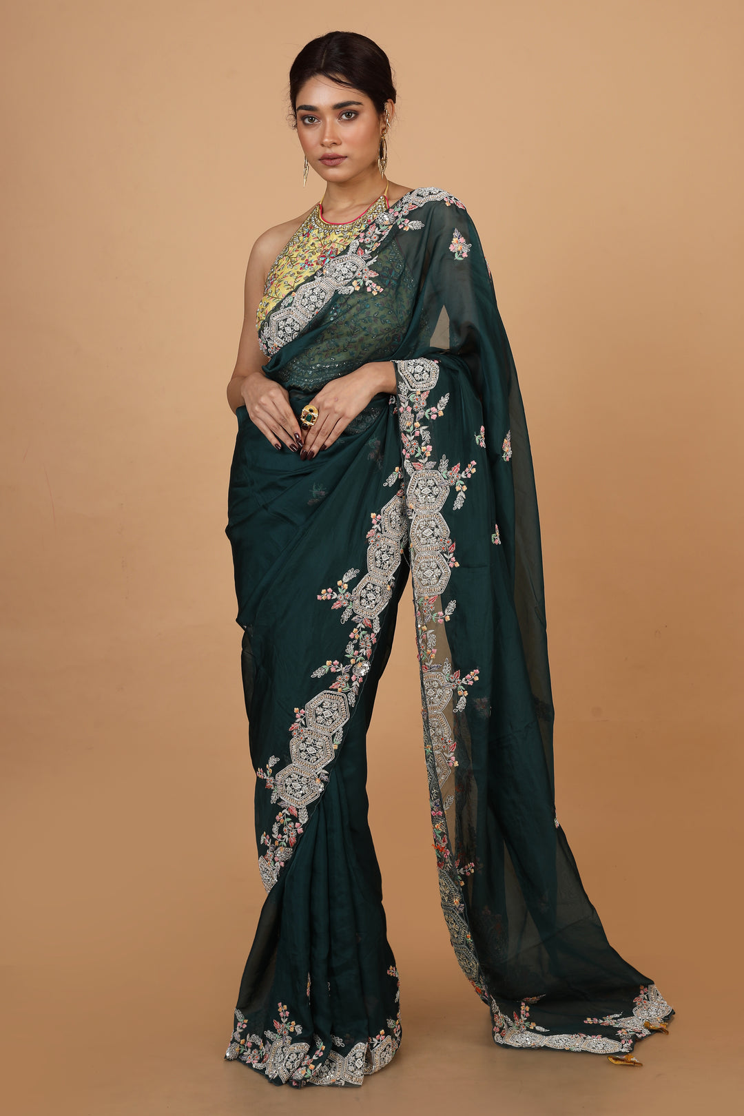 Buy Party Wear Designer Saree In Dark Green Color At Online Simaaya