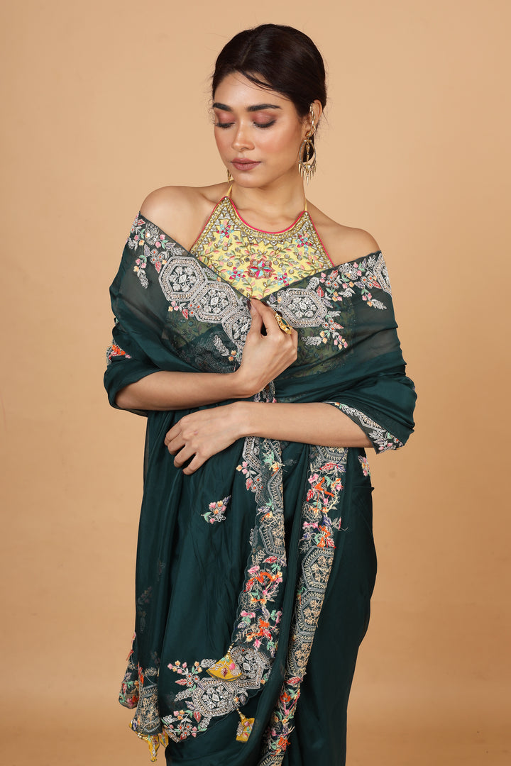 Buy Party Wear Designer Saree In Dark Green Color At Online Simaaya