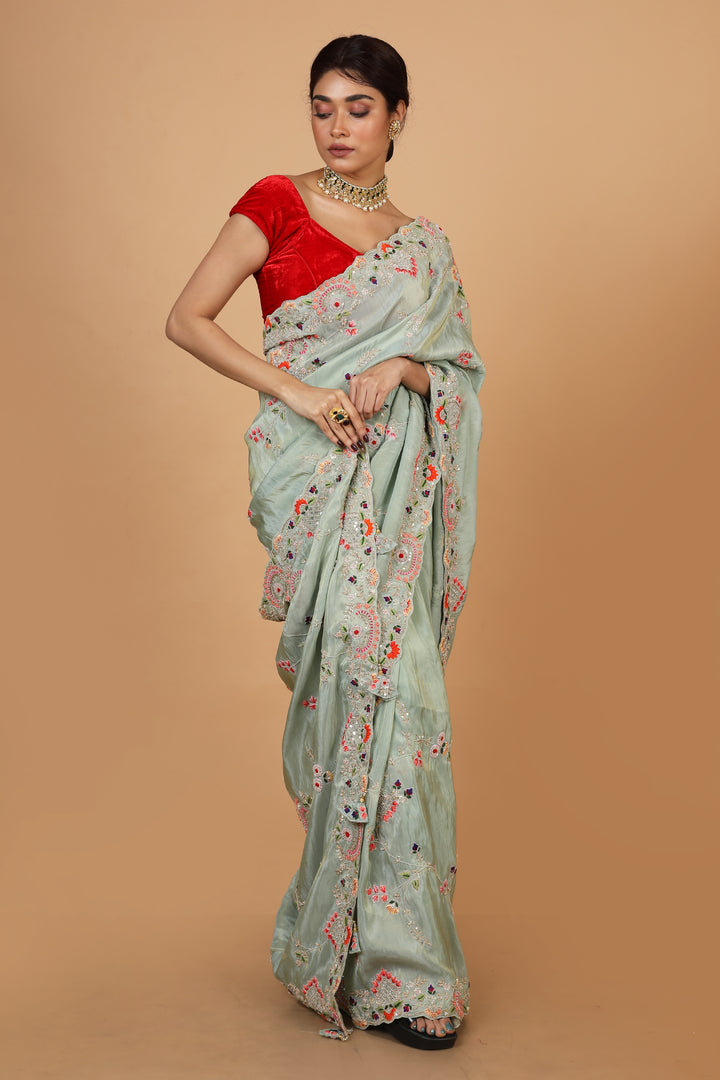 Buy Party Wear Designer Saree In Smoke Grey Color At Online Simaaya