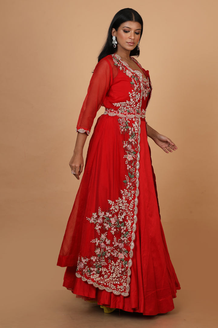 Buy Party Wear Gown with Jacket In Red Color At Online Simaaya