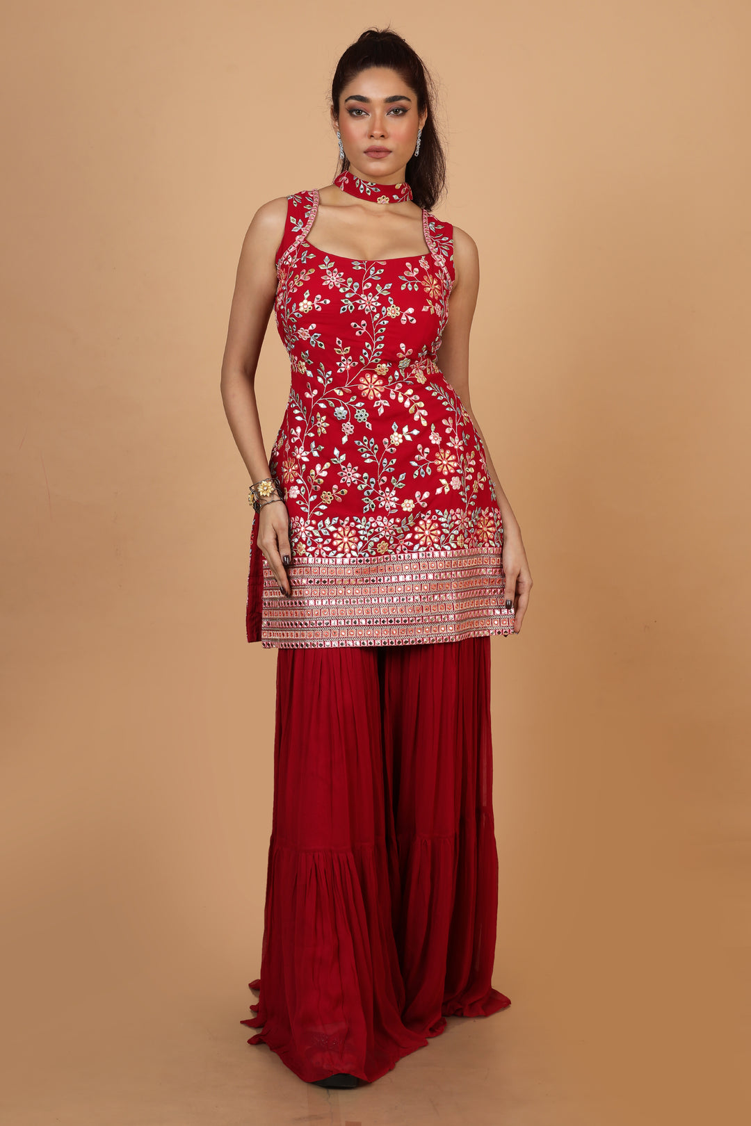 Buy Party Wear Plazzoo set In Red Color At Online Simaaya