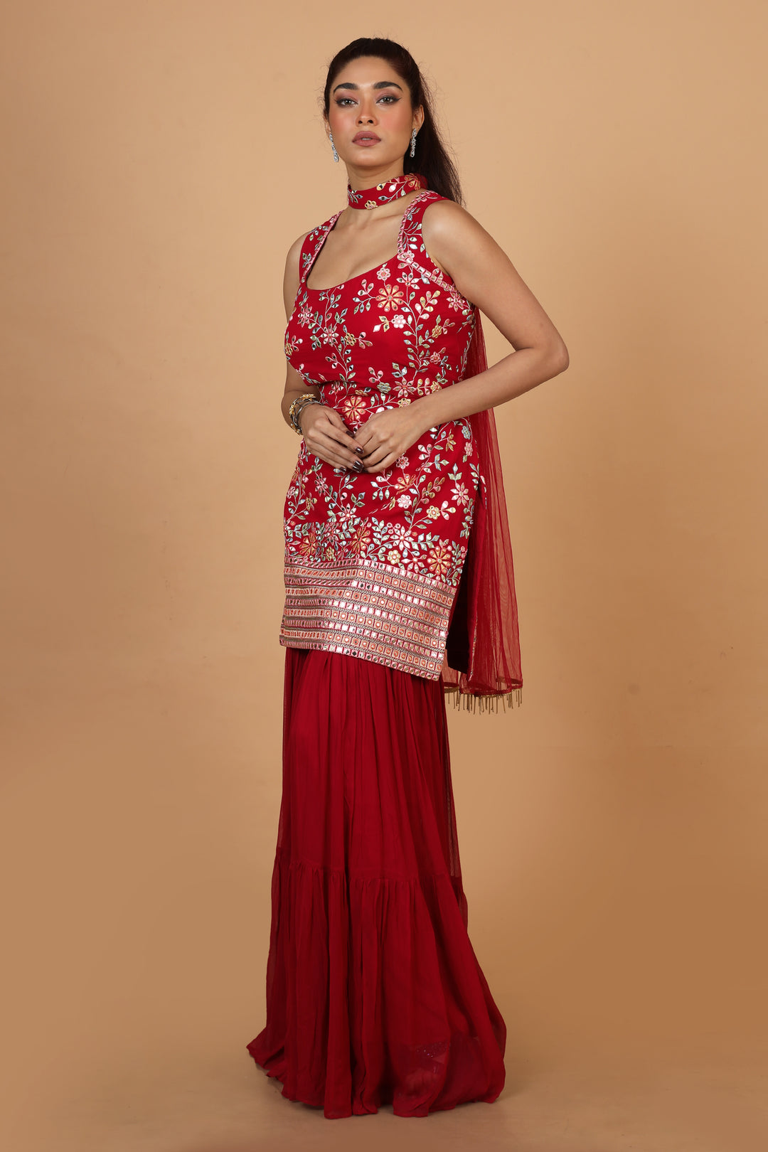 Buy Party Wear Plazzoo set In Red Color At Online Simaaya