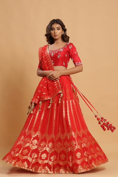 Festive/ Party/ Sangeet/ Wedding Brocade Work Lehenga In Pink/ Red/ Black/ Yellow Color