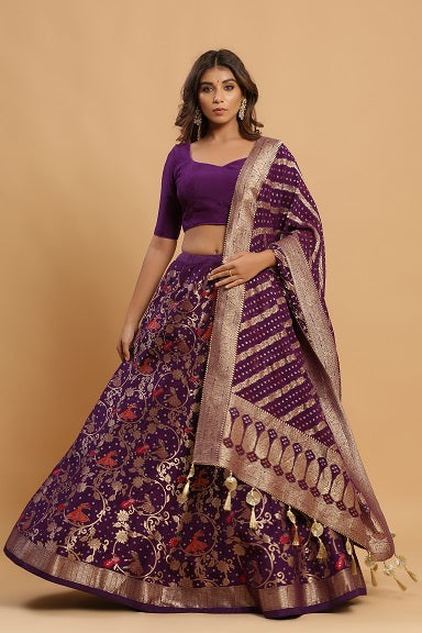Festive/ Party/ Sangeet/ Wedding Brocade Work Lehenga In Purple/ Red Color
