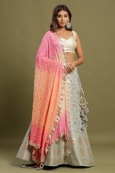 Festive/ Party/ Sangeet/ Wedding Brocade Work Lehenga In Turquoise,Beige & Pink Color