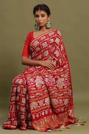 Festive/ Party/ Sangeet/ Wedding Gota Work Saree In Green/ Red Color