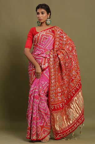 Festive/ Party/ Sangeet/ Wedding Gota Work Saree In Pink/ Orange/ Red Color