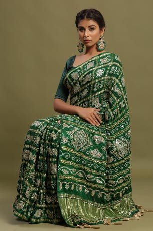 Festive/ Party/ Sangeet/ Wedding Gota Work Saree In Green/ Red Color